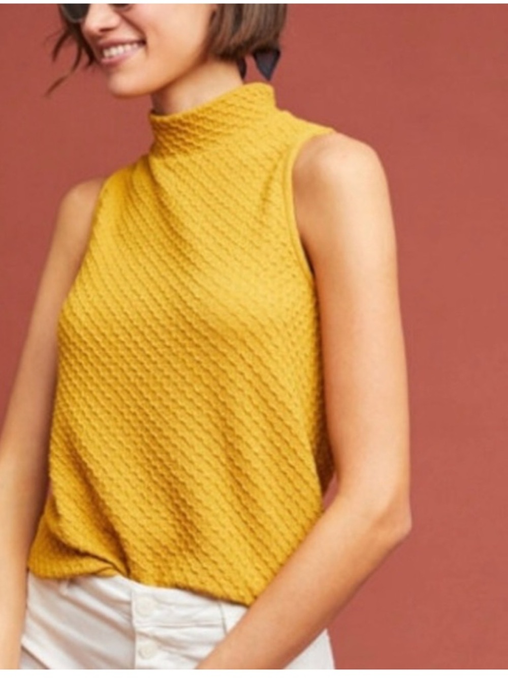 Anthropologie Mustard Yellow Sleeveless Mock Neck Textured Top